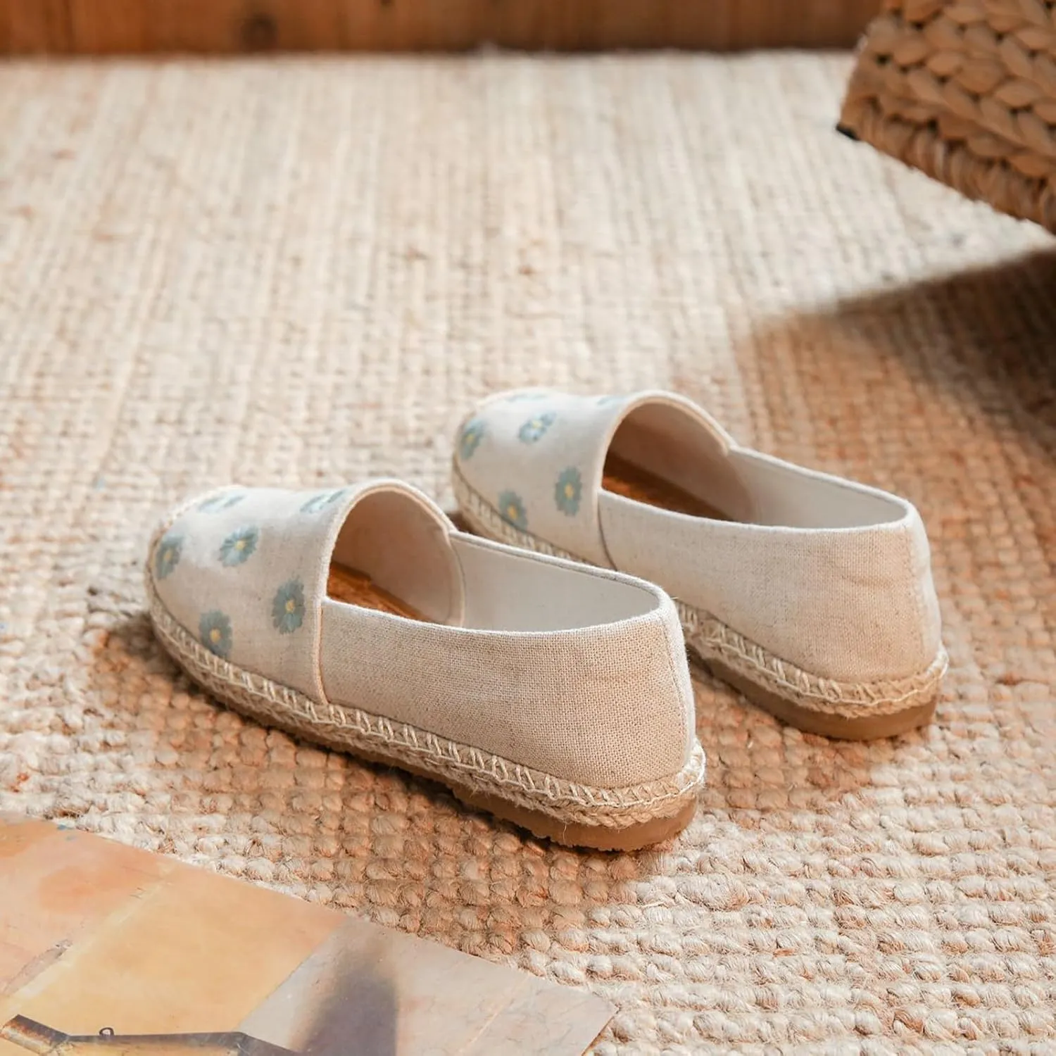 Women's Handmade Retro Soft Linen Shoes, Fashion Traditional Chinese Flat Heel Casual Footwear, Breathable Slip on Embroider Flat Shoes,8,Beige