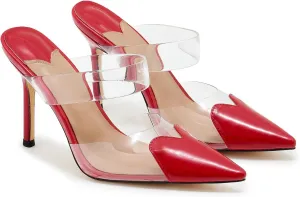 Women's High Heeled Mules Heart Clear PVC Sandals Pointed Toe Stiletto Mule Slip On Sandals Party Wedding Dress Shoes