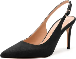 Womens High Heels Fashion Pointed Toe Buckle Slingback Pumps Solid Suede Shoes for Women