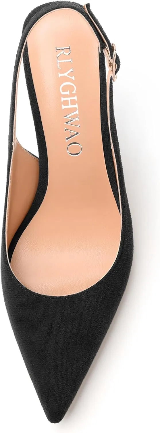 Womens High Heels Fashion Pointed Toe Buckle Slingback Pumps Solid Suede Shoes for Women