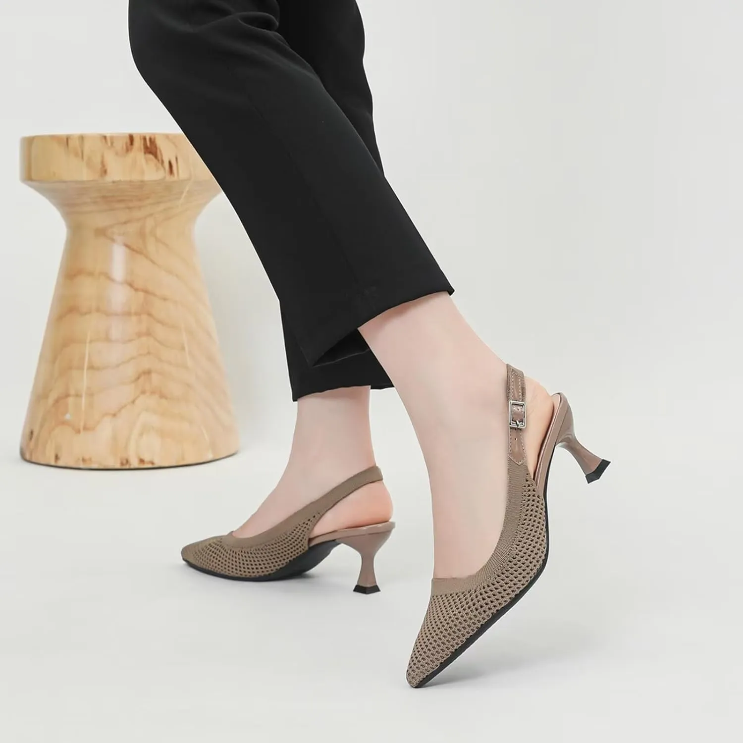 Womens Hollow Mesh Knitted Kitten Heels Slingback Work Pumps Comfortable Breathable Closed Pointed Toe Stylish Dressy Party Formal Shoes