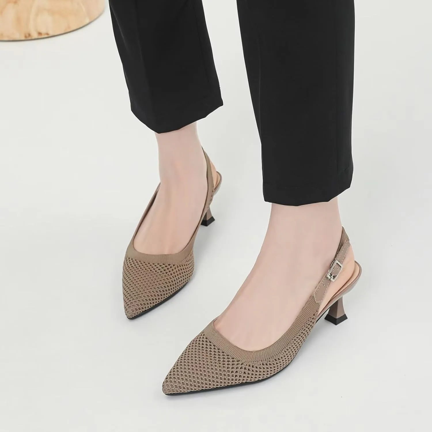 Womens Hollow Mesh Knitted Kitten Heels Slingback Work Pumps Comfortable Breathable Closed Pointed Toe Stylish Dressy Party Formal Shoes