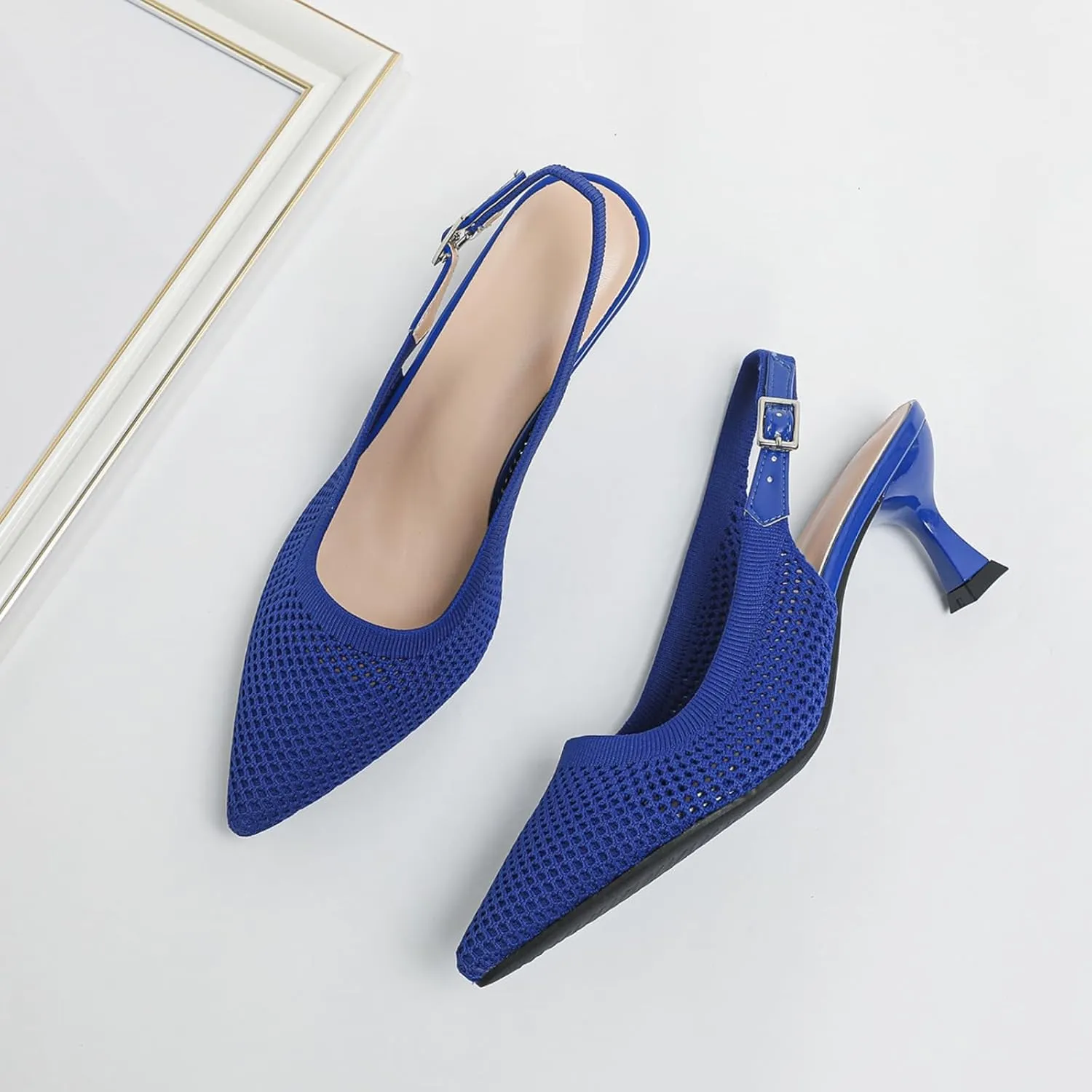 Womens Hollow Mesh Knitted Kitten Heels Slingback Work Pumps Comfortable Breathable Closed Pointed Toe Stylish Dressy Party Formal Shoes