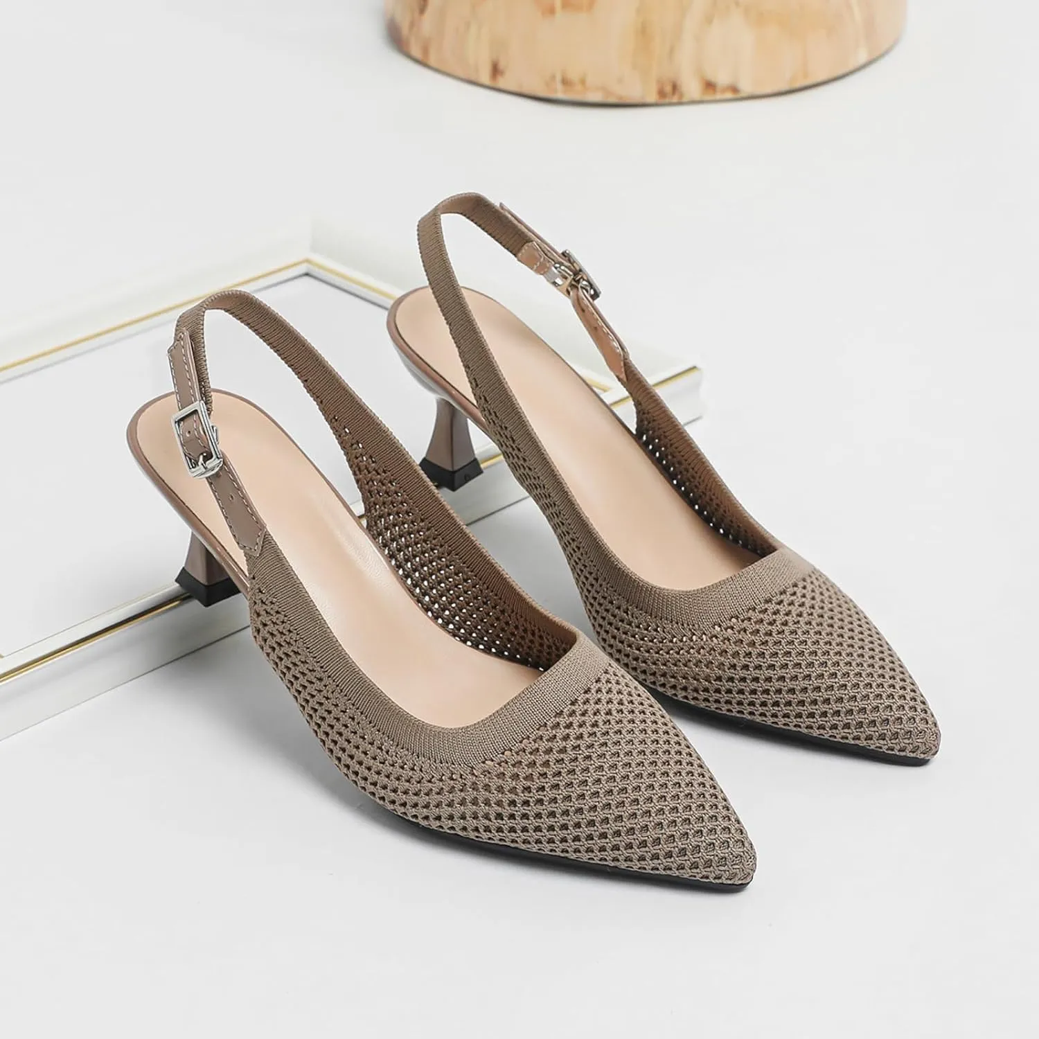 Womens Hollow Mesh Knitted Kitten Heels Slingback Work Pumps Comfortable Breathable Closed Pointed Toe Stylish Dressy Party Formal Shoes