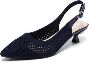 Womens Hollow Mesh Knitted Kitten Heels Slingback Work Pumps Comfortable Breathable Closed Pointed Toe Stylish Dressy Party Formal Shoes