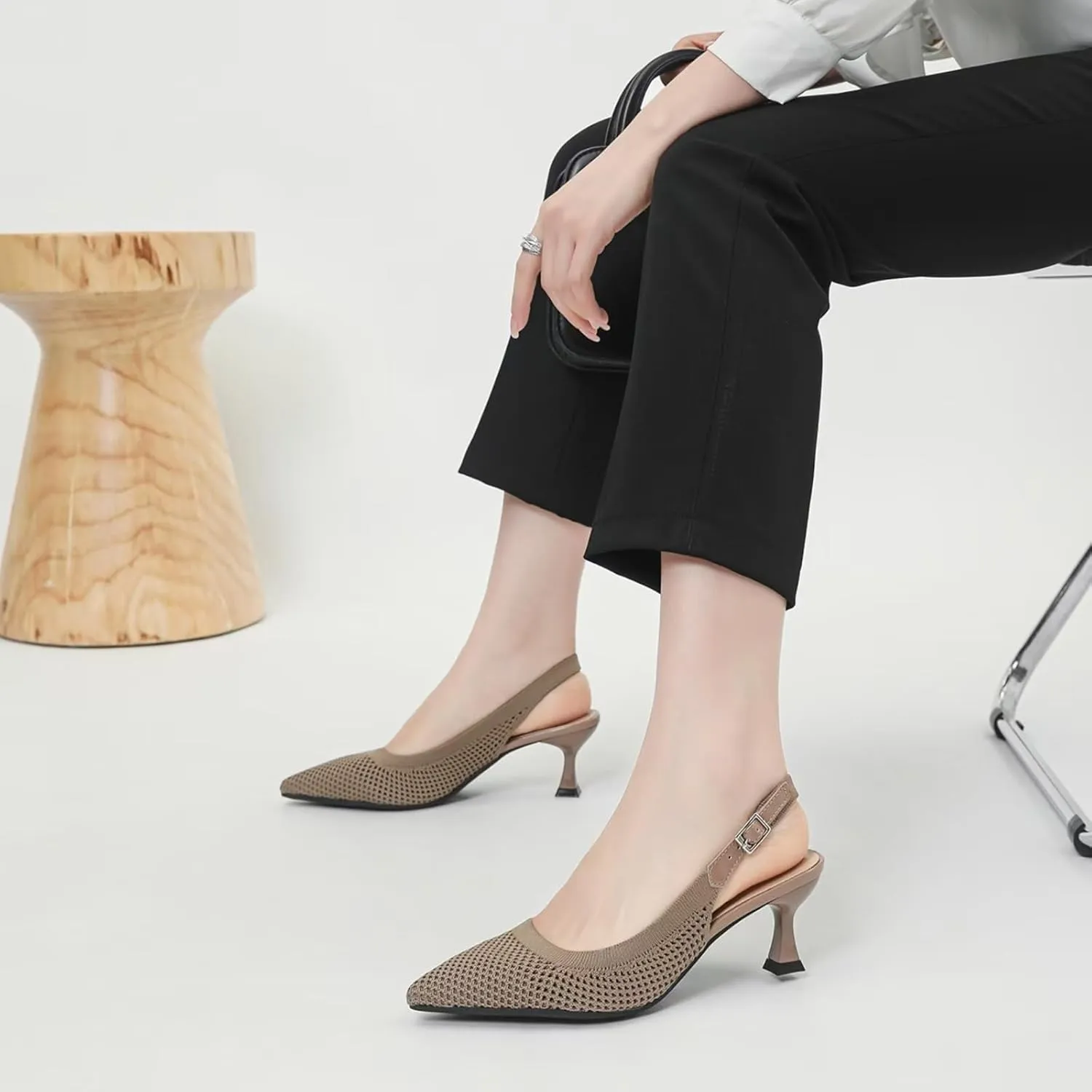 Womens Hollow Mesh Knitted Kitten Heels Slingback Work Pumps Comfortable Breathable Closed Pointed Toe Stylish Dressy Party Formal Shoes