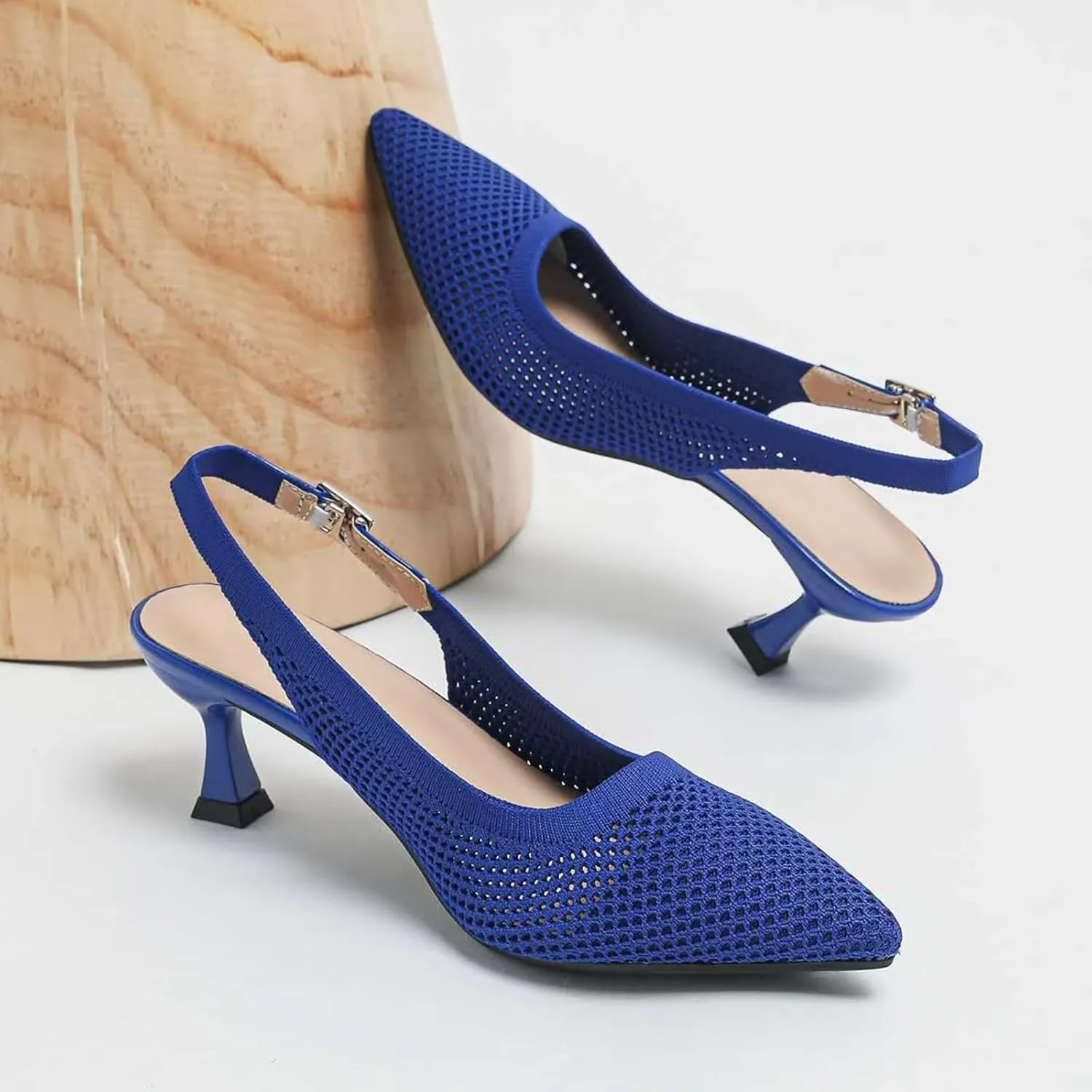 Womens Hollow Mesh Knitted Kitten Heels Slingback Work Pumps Comfortable Breathable Closed Pointed Toe Stylish Dressy Party Formal Shoes