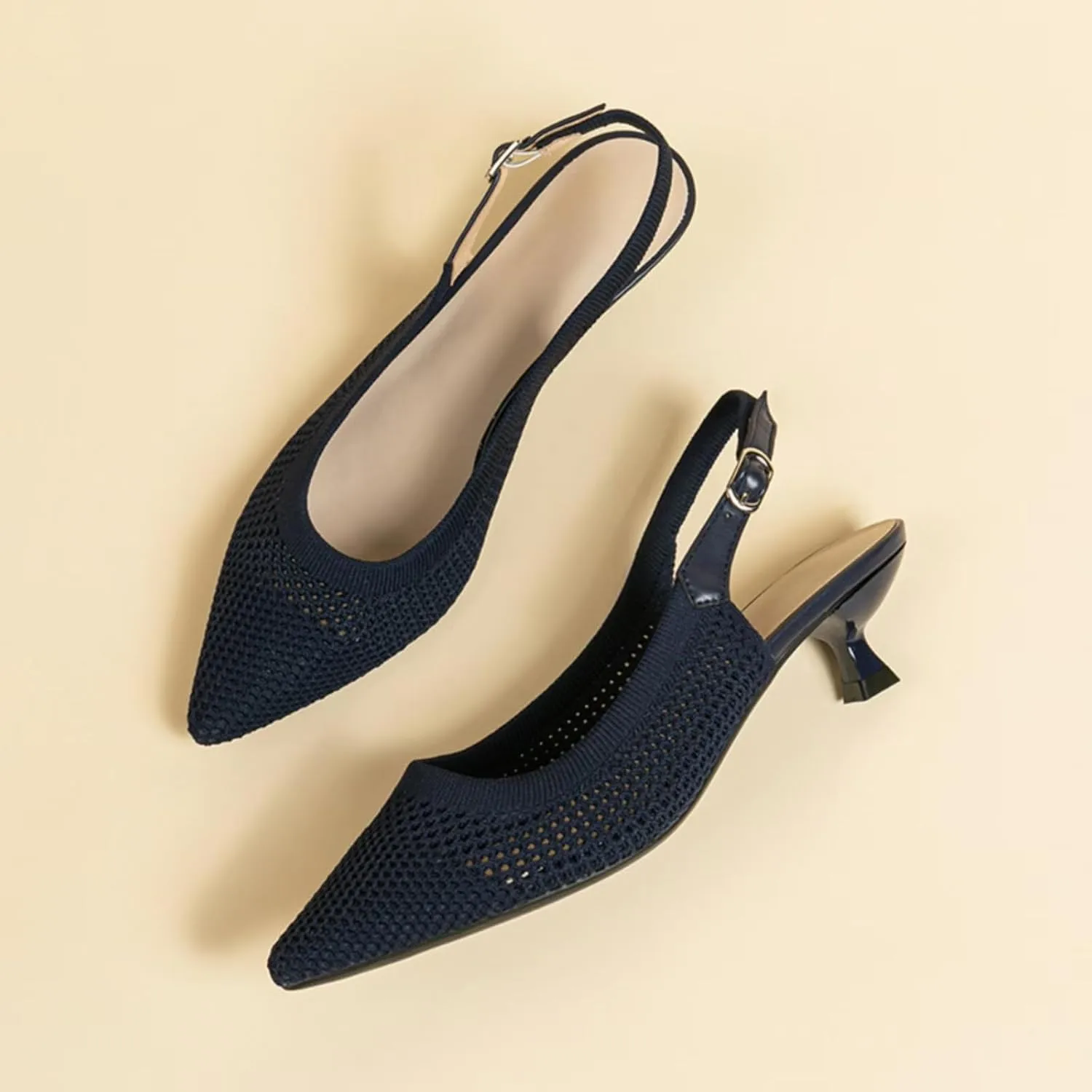 Womens Hollow Mesh Knitted Kitten Heels Slingback Work Pumps Comfortable Breathable Closed Pointed Toe Stylish Dressy Party Formal Shoes