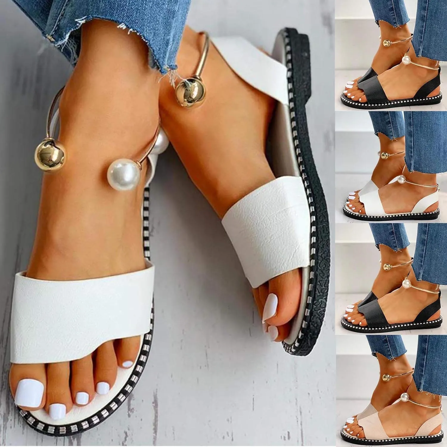 Womens Ladies Low Heel Strappy Pearl Sandals Summer Open Toe Flat Sandals Slip on Wedge Shoes Faux Leather Loafer Moccasins Anti Slip Beach Shoes,Black,US6/EU37