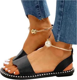 Womens Ladies Low Heel Strappy Pearl Sandals Summer Open Toe Flat Sandals Slip on Wedge Shoes Faux Leather Loafer Moccasins Anti Slip Beach Shoes,Black,US6/EU37