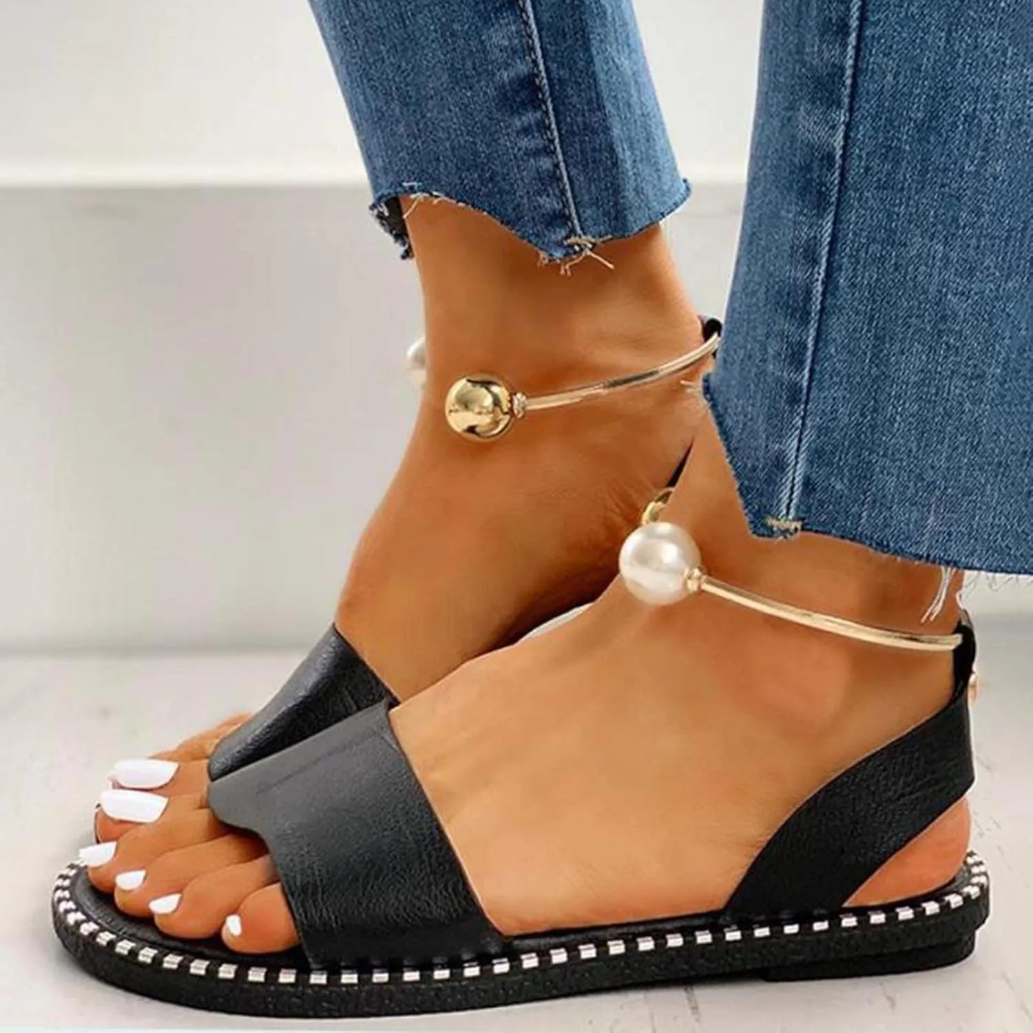 Womens Ladies Low Heel Strappy Pearl Sandals Summer Open Toe Flat Sandals Slip on Wedge Shoes Faux Leather Loafer Moccasins Anti Slip Beach Shoes,Black,US6/EU37