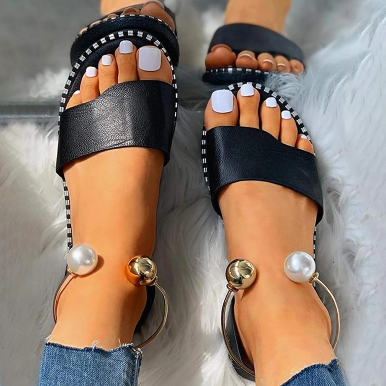 Womens Ladies Low Heel Strappy Pearl Sandals Summer Open Toe Flat Sandals Slip on Wedge Shoes Faux Leather Loafer Moccasins Anti Slip Beach Shoes,Black,US6/EU37