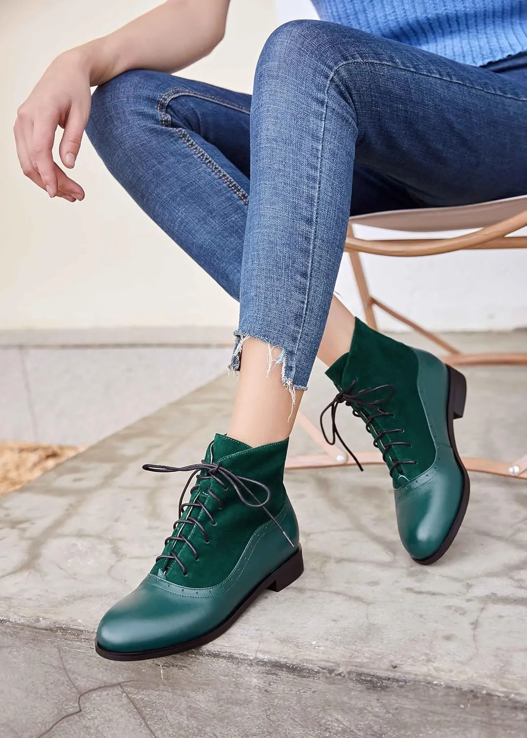 Women's Leather Ankle Boots Low Heel Oxford Flat Short Boots Perforated Lace Up Side Zipper Booties