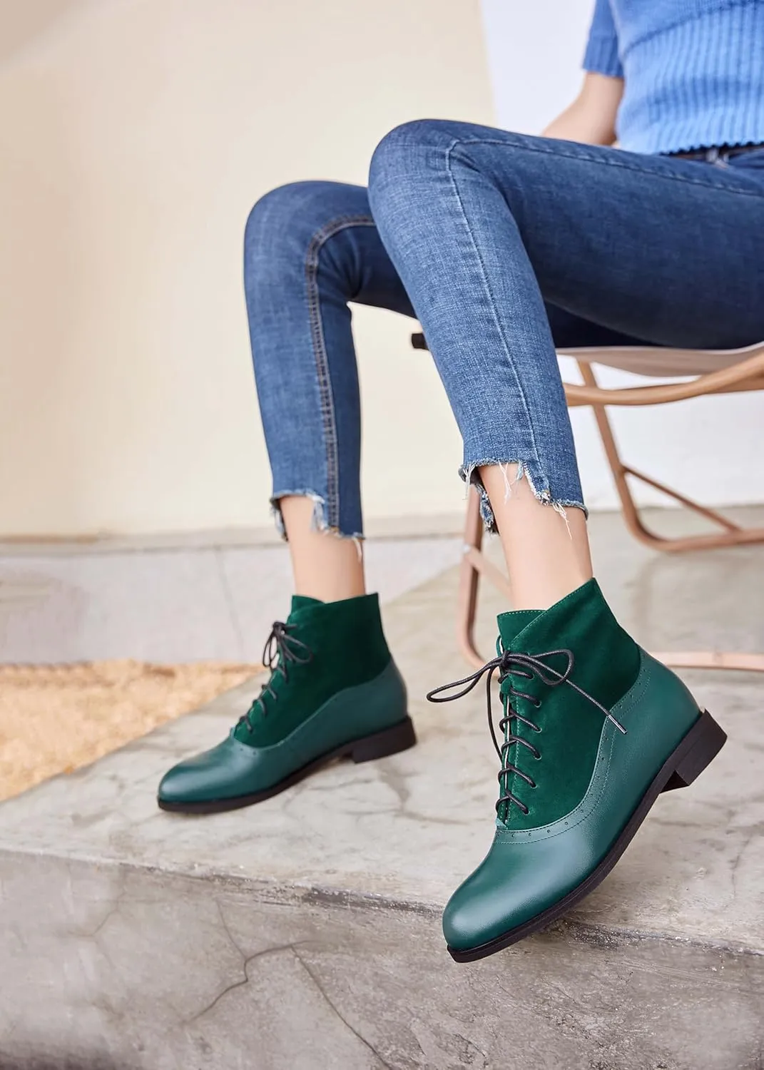 Women's Leather Ankle Boots Low Heel Oxford Flat Short Boots Perforated Lace Up Side Zipper Booties