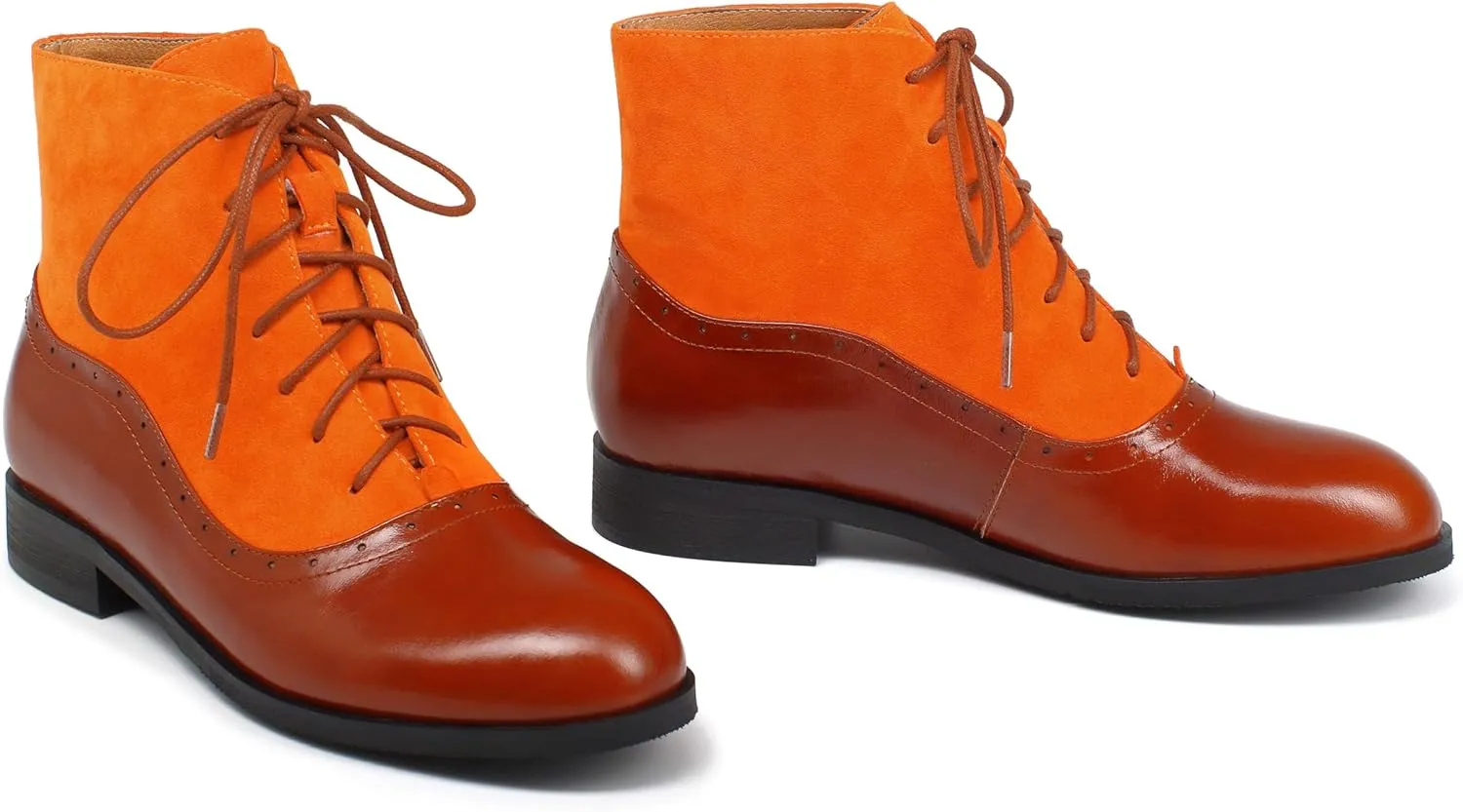 Women's Leather Ankle Boots Low Heel Oxford Flat Short Boots Perforated Lace Up Side Zipper Booties