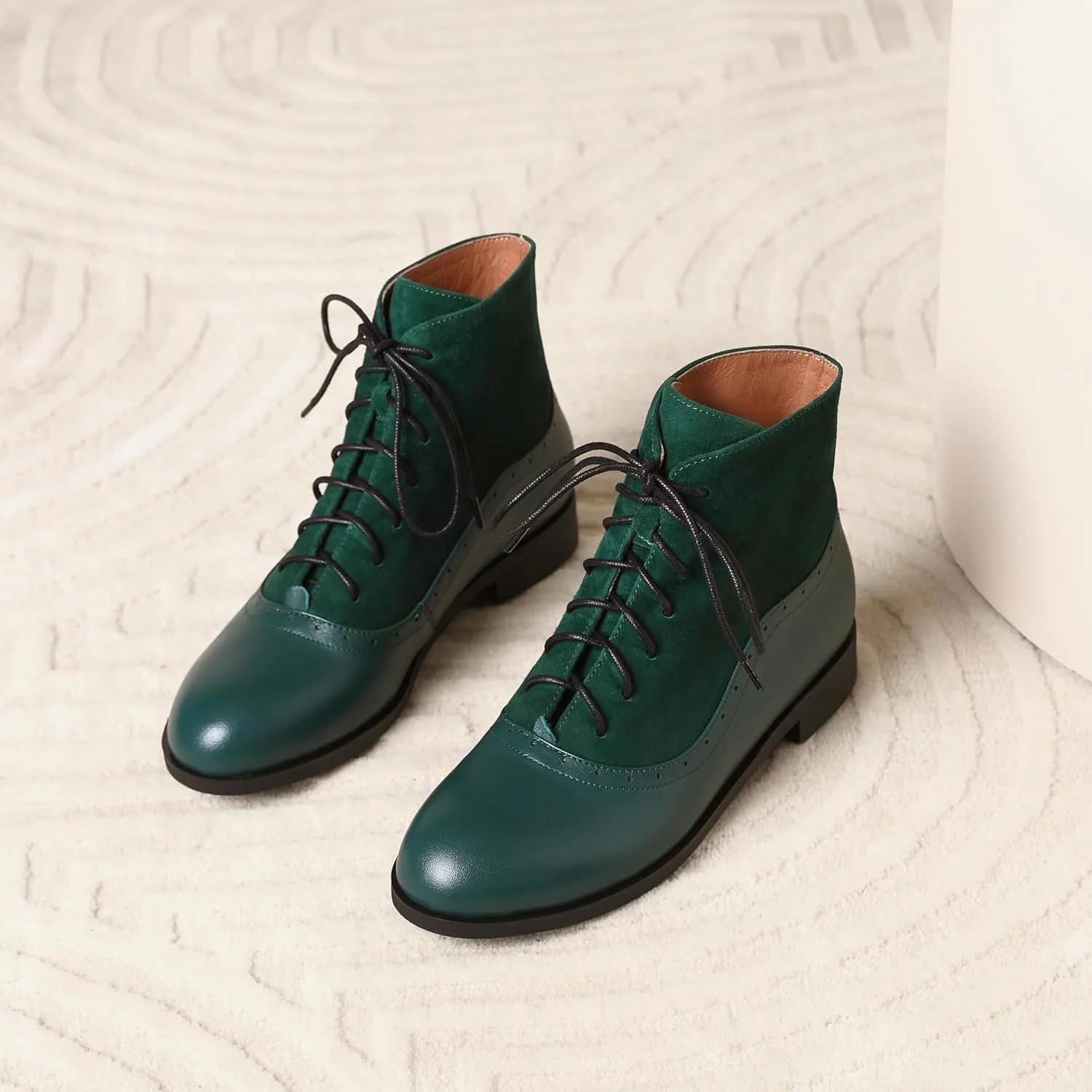 Women's Leather Ankle Boots Low Heel Oxford Flat Short Boots Perforated Lace Up Side Zipper Booties