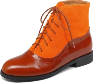 Women's Leather Ankle Boots Low Heel Oxford Flat Short Boots Perforated Lace Up Side Zipper Booties