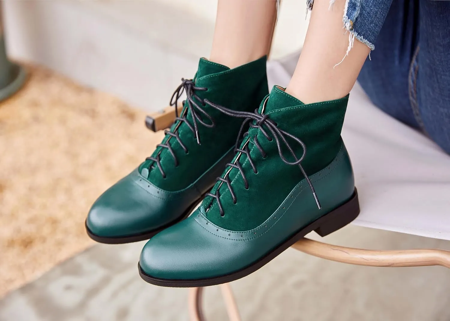 Women's Leather Ankle Boots Low Heel Oxford Flat Short Boots Perforated Lace Up Side Zipper Booties