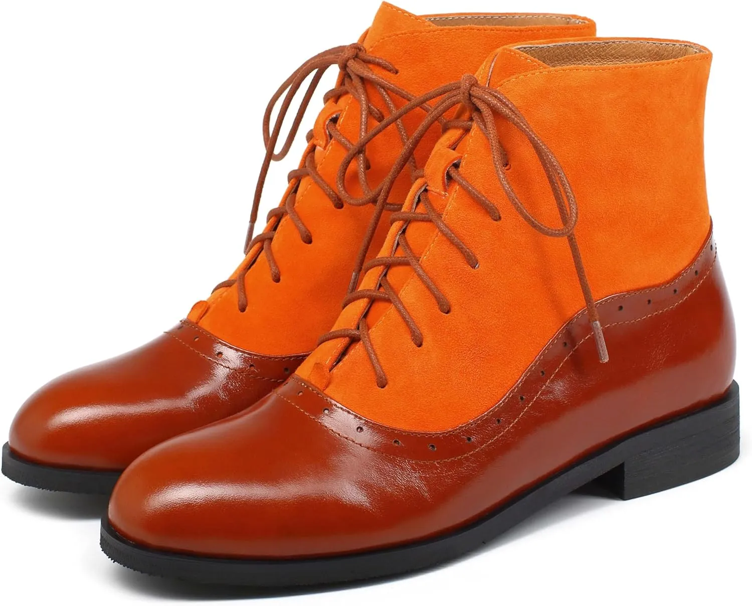 Women's Leather Ankle Boots Low Heel Oxford Flat Short Boots Perforated Lace Up Side Zipper Booties