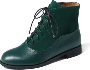 Women's Leather Ankle Boots Low Heel Oxford Flat Short Boots Perforated Lace Up Side Zipper Booties
