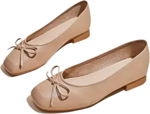 Women's Leather Bow Low Block Heel Formal Pumps Fashionable Square Closed Toe Slip-On Comfortable Soft Sole Casual Low Chunky Heel Loafers for Office Work Dress Shoes