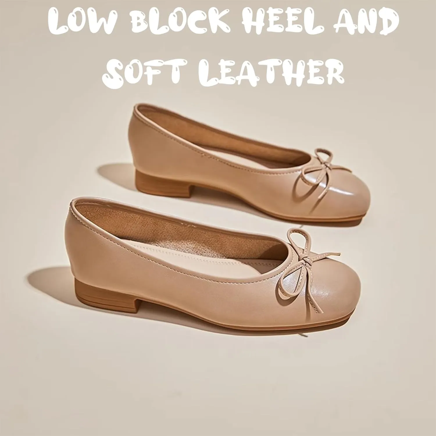 Women's Leather Bow Low Block Heel Formal Pumps Fashionable Square Closed Toe Slip-On Comfortable Soft Sole Casual Low Chunky Heel Loafers for Office Work Dress Shoes