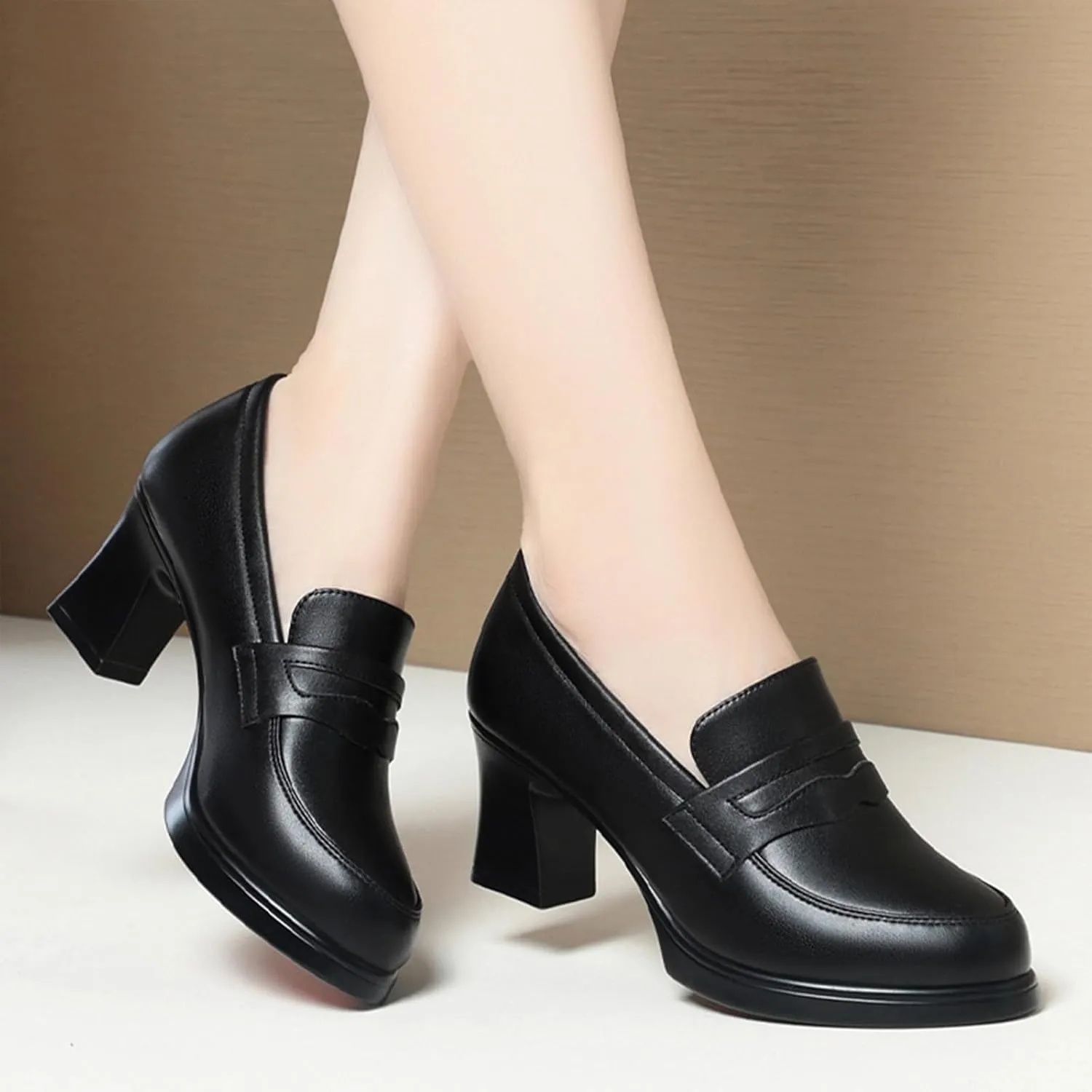 Women's Leather Chunky Heel Loafer Pumps Closed Round Toe Slip On Mid Heel Penny Loafers Office Business Work Dress Shoes