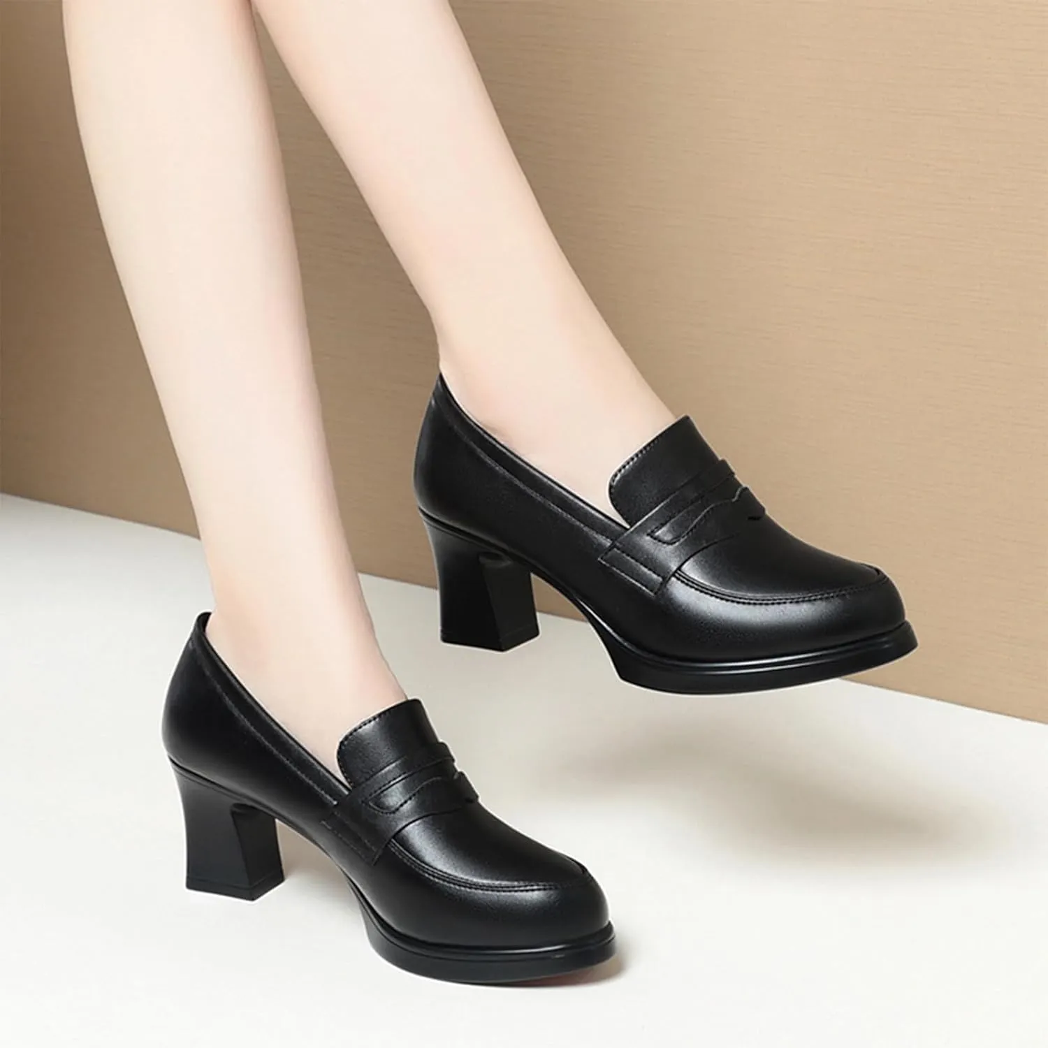 Women's Leather Chunky Heel Loafer Pumps Closed Round Toe Slip On Mid Heel Penny Loafers Office Business Work Dress Shoes