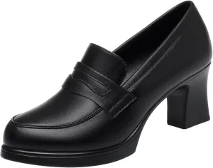 Women's Leather Chunky Heel Loafer Pumps Closed Round Toe Slip On Mid Heel Penny Loafers Office Business Work Dress Shoes