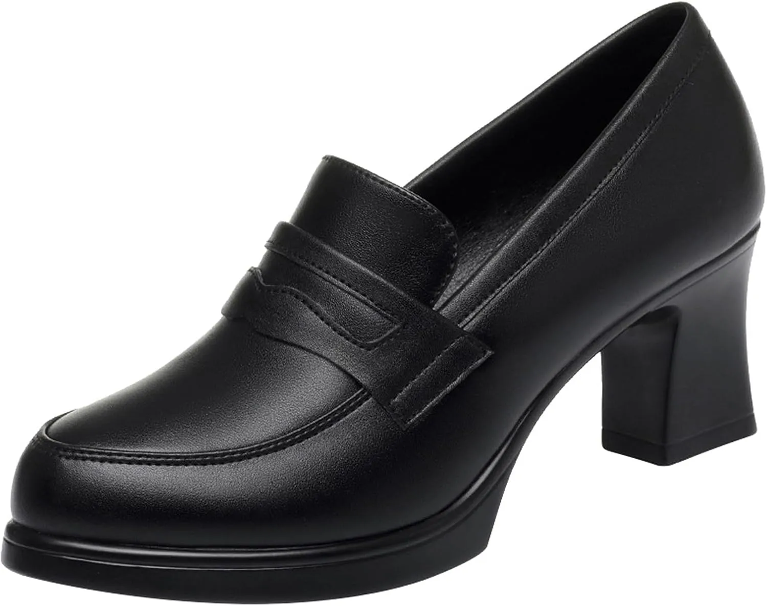Women's Leather Chunky Heel Loafer Pumps Closed Round Toe Slip On Mid Heel Penny Loafers Office Business Work Dress Shoes