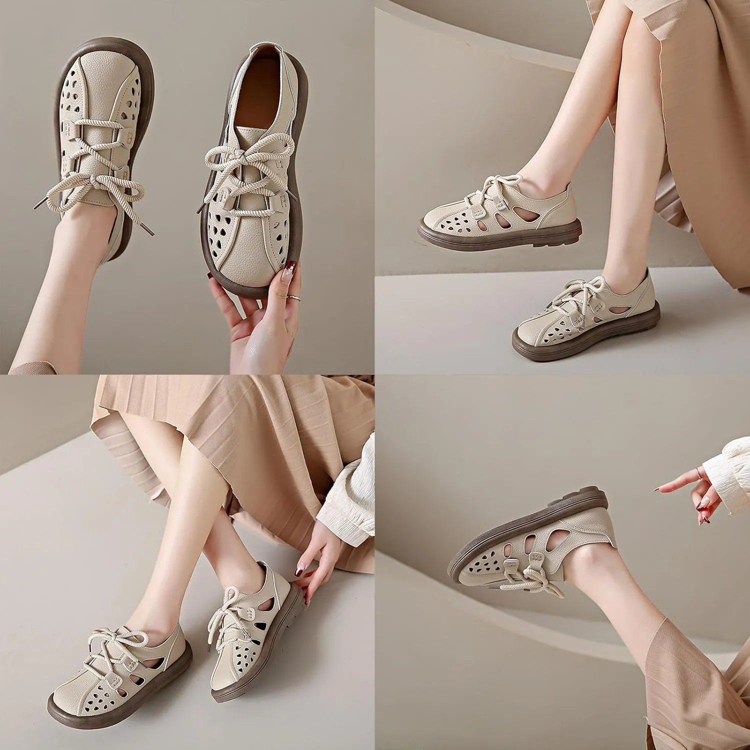 Women's Leather Lace Up Cutout Loafers Soft Platform Lightweight Closed Toe Breathable Outdoor Walking Sandals Casual Wide Round Toe Anti-Slip Comfort Slip On Oxfords