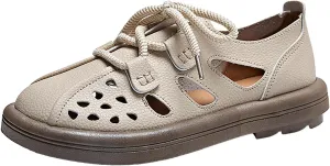 Women's Leather Lace Up Cutout Loafers Soft Platform Lightweight Closed Toe Breathable Outdoor Walking Sandals Casual Wide Round Toe Anti-Slip Comfort Slip On Oxfords
