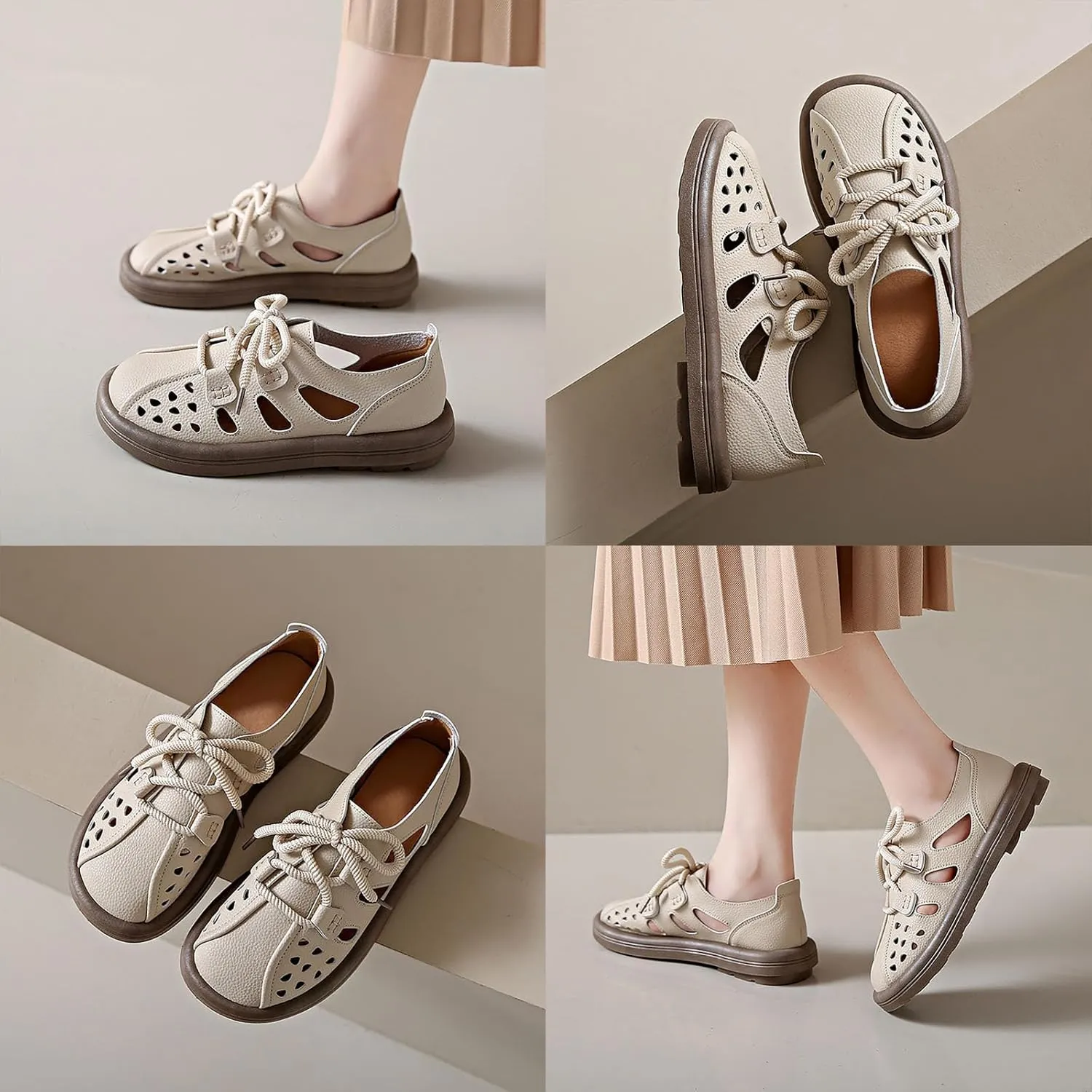 Women's Leather Lace Up Cutout Loafers Soft Platform Lightweight Closed Toe Breathable Outdoor Walking Sandals Casual Wide Round Toe Anti-Slip Comfort Slip On Oxfords