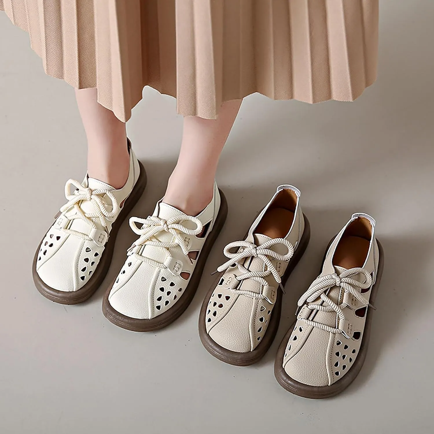 Women's Leather Lace Up Cutout Loafers Soft Platform Lightweight Closed Toe Breathable Outdoor Walking Sandals Casual Wide Round Toe Anti-Slip Comfort Slip On Oxfords
