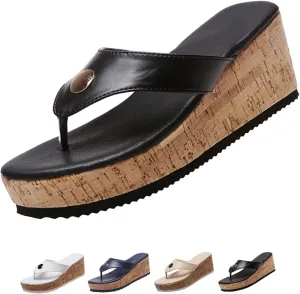 Women's Leather Platform Clip Toe Flip Flops with Arch Support Summer Casual Anti-Slip Orthopedic Wedges Walking Sandals Beach Flip