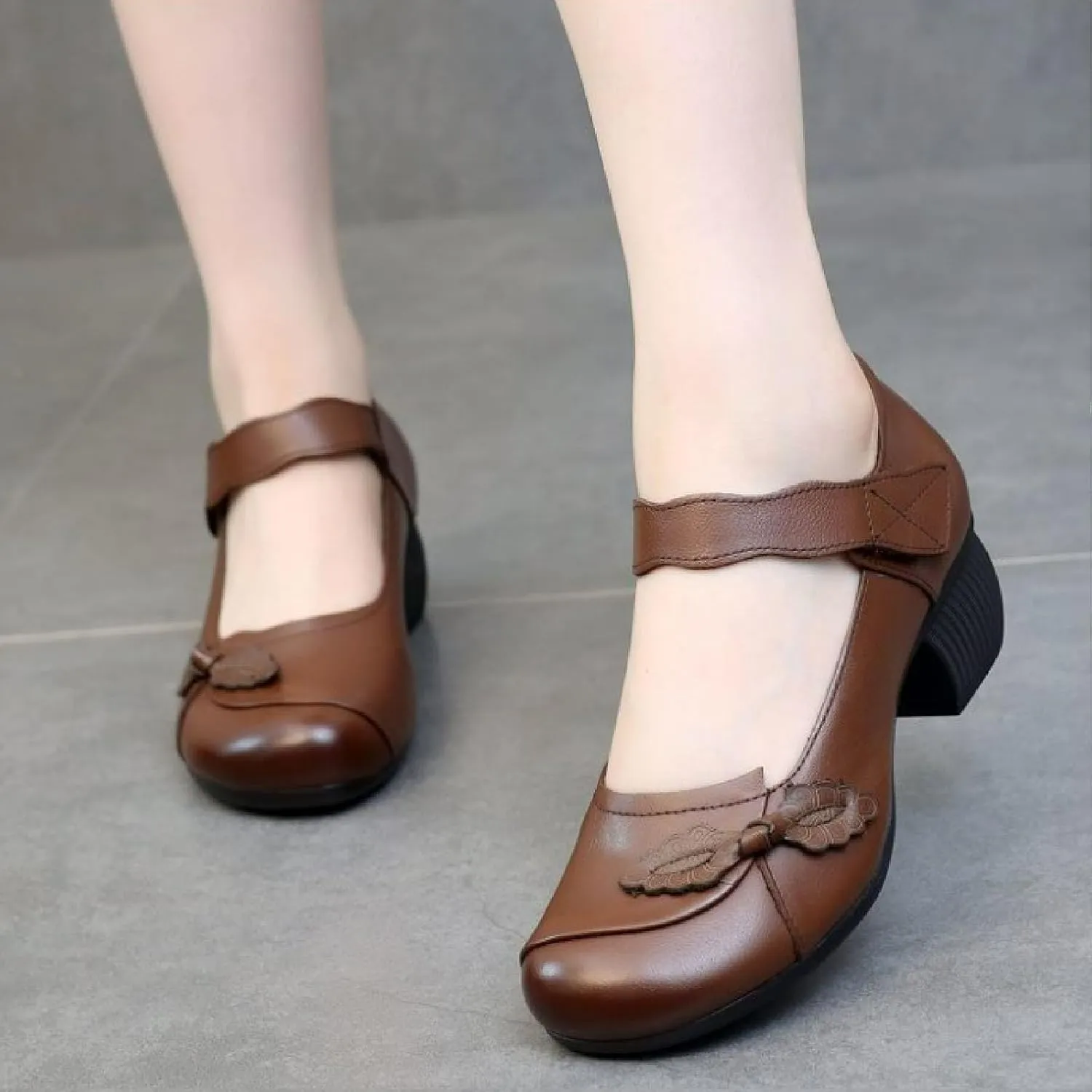 Women's Leather Retro Flowers Ankle Strap Chunky Low Heel Mary Janes Autumn Round Head Shallow Mouth Hook Loop Backless Dress Block Heel Shoes for Office Work