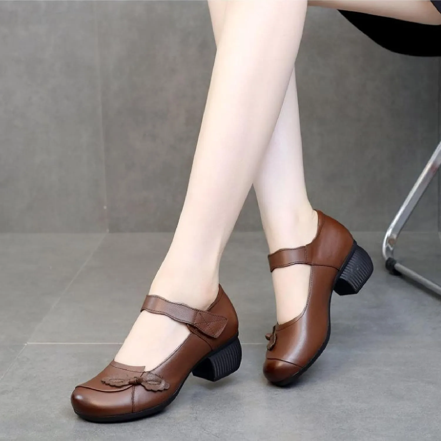 Women's Leather Retro Flowers Ankle Strap Chunky Low Heel Mary Janes Autumn Round Head Shallow Mouth Hook Loop Backless Dress Block Heel Shoes for Office Work