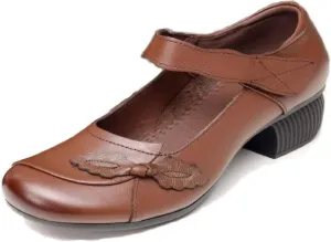 Women's Leather Retro Flowers Ankle Strap Chunky Low Heel Mary Janes Autumn Round Head Shallow Mouth Hook Loop Backless Dress Block Heel Shoes for Office Work