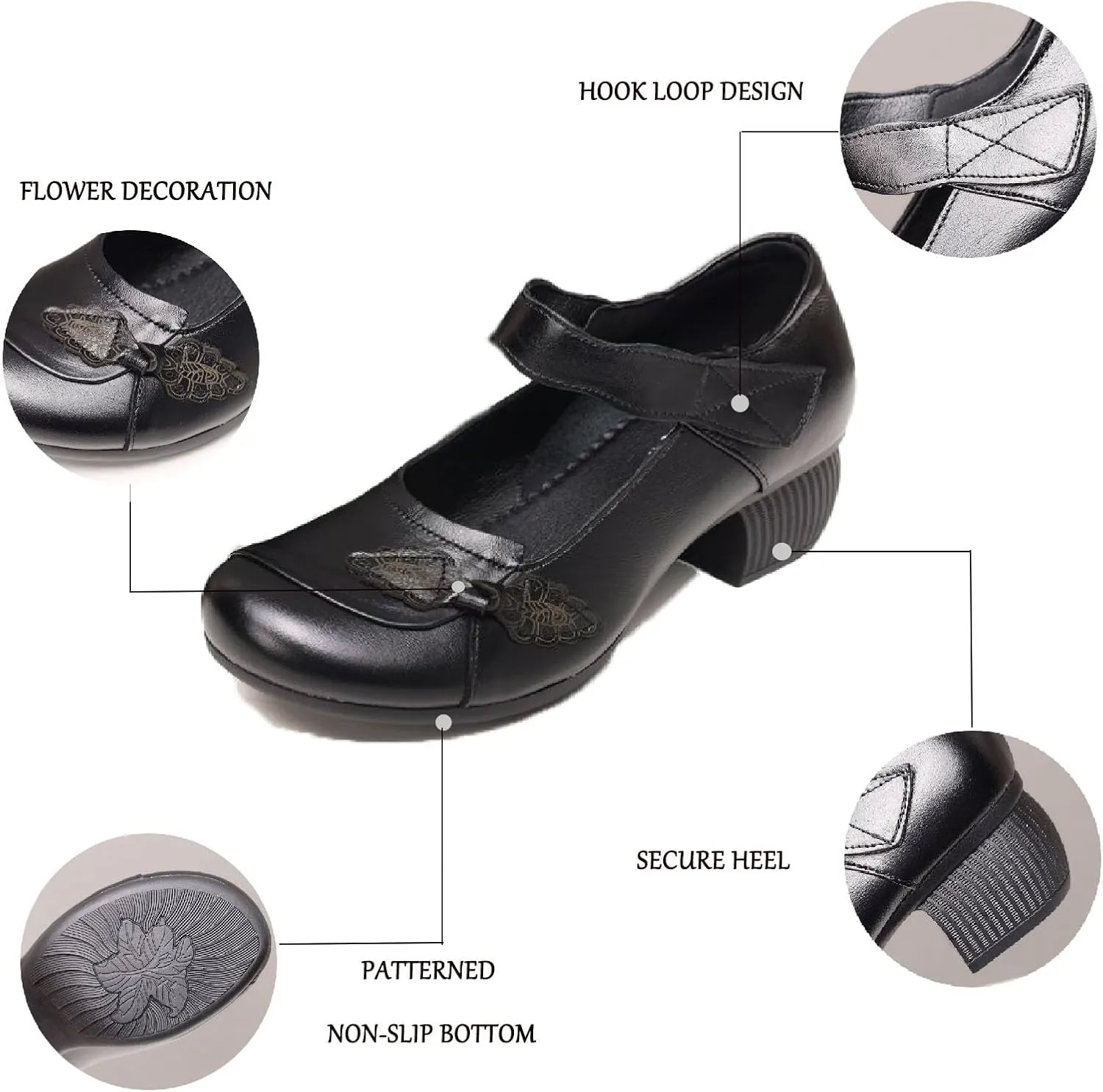 Women's Leather Retro Flowers Ankle Strap Chunky Low Heel Mary Janes Autumn Round Head Shallow Mouth Hook Loop Backless Dress Block Heel Shoes for Office Work