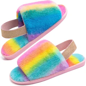 Womens Leopard Fuzzy Slippers Soft Plush Open Toe Faux Fur House Slide Sandals Indoor Spa Bedroom Flat Shoes with Elastic Strap