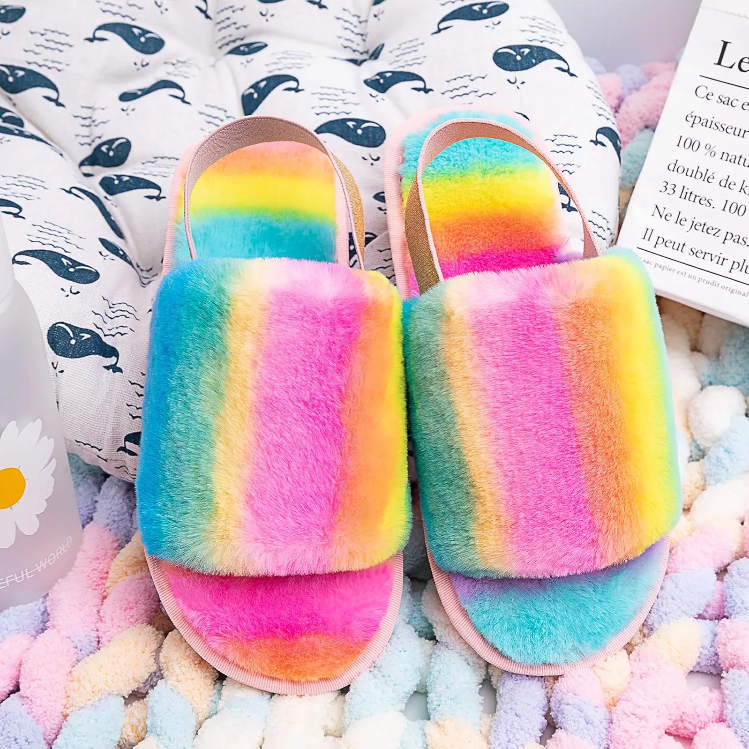 Womens Leopard Fuzzy Slippers Soft Plush Open Toe Faux Fur House Slide Sandals Indoor Spa Bedroom Flat Shoes with Elastic Strap