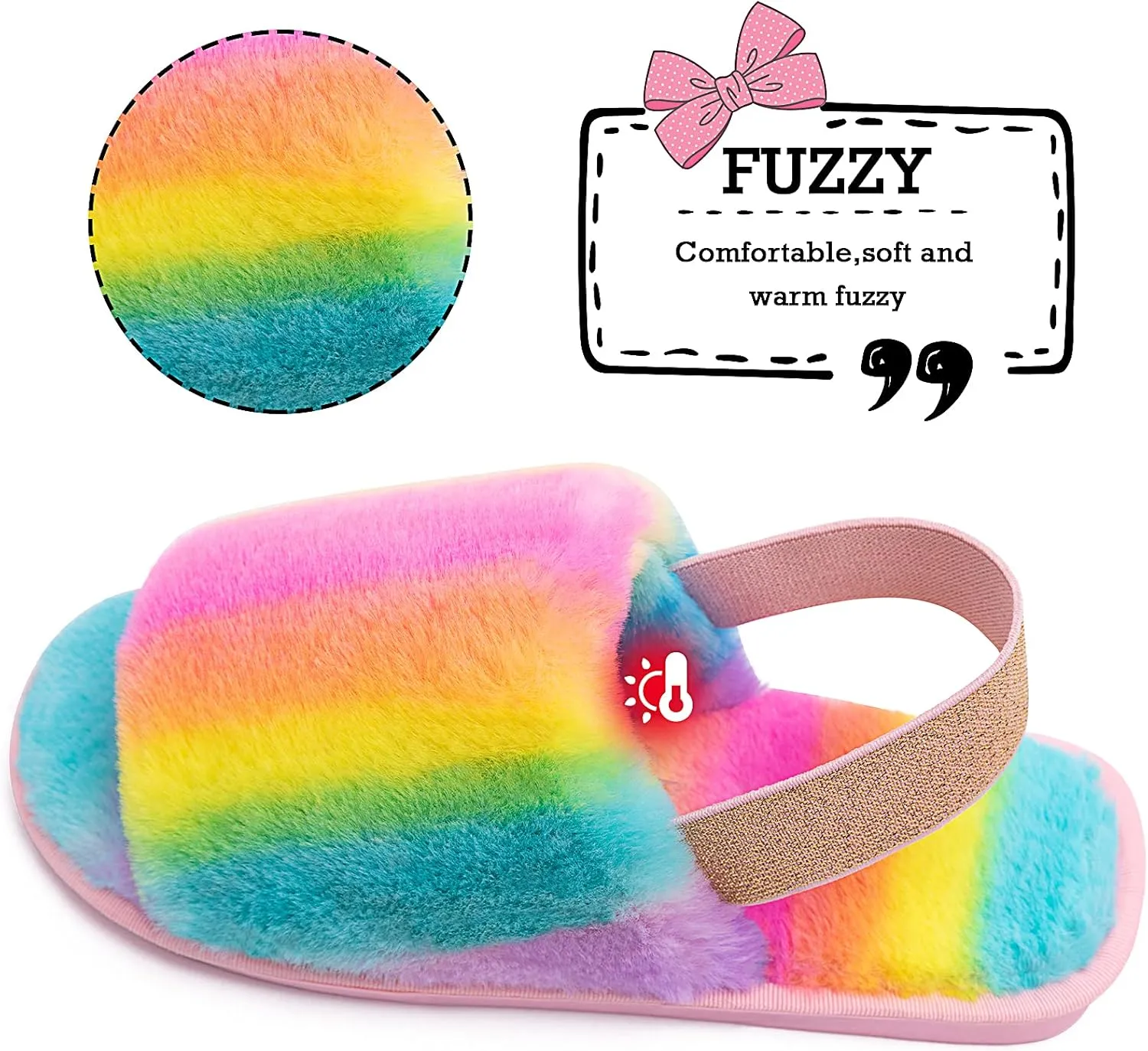 Womens Leopard Fuzzy Slippers Soft Plush Open Toe Faux Fur House Slide Sandals Indoor Spa Bedroom Flat Shoes with Elastic Strap