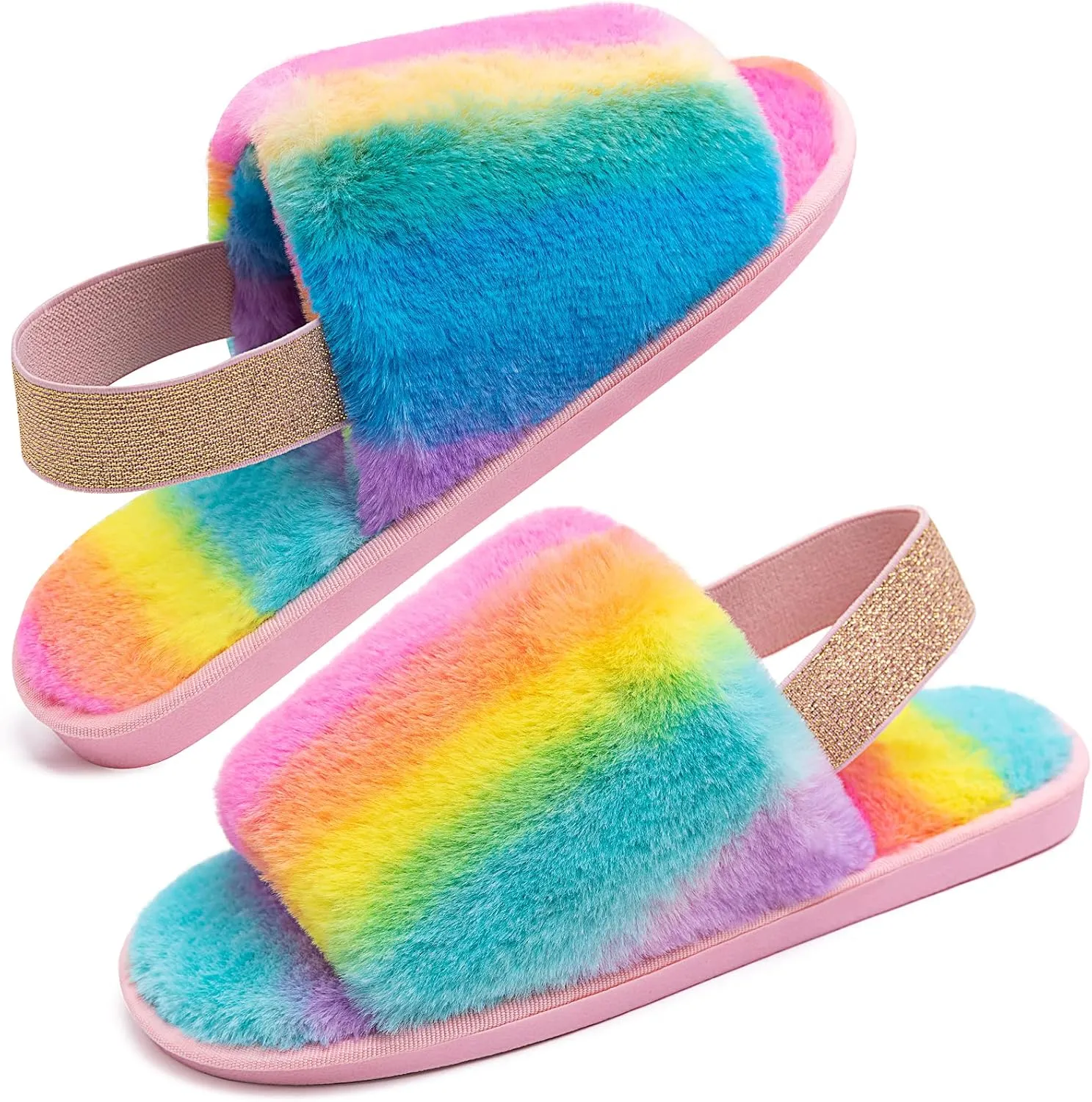 Womens Leopard Fuzzy Slippers Soft Plush Open Toe Faux Fur House Slide Sandals Indoor Spa Bedroom Flat Shoes with Elastic Strap