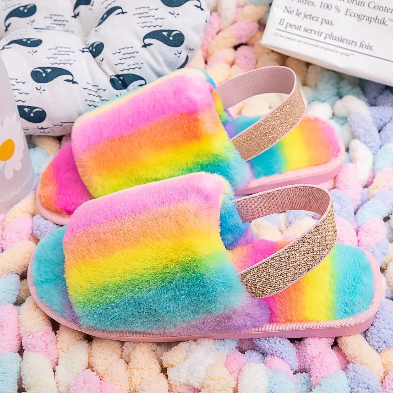 Womens Leopard Fuzzy Slippers Soft Plush Open Toe Faux Fur House Slide Sandals Indoor Spa Bedroom Flat Shoes with Elastic Strap