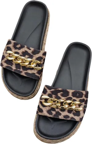 Women's Leopard Print Slide Sandals Open Toe Platform Sandals Summer Vacation Slip on Slides with Metal Chain