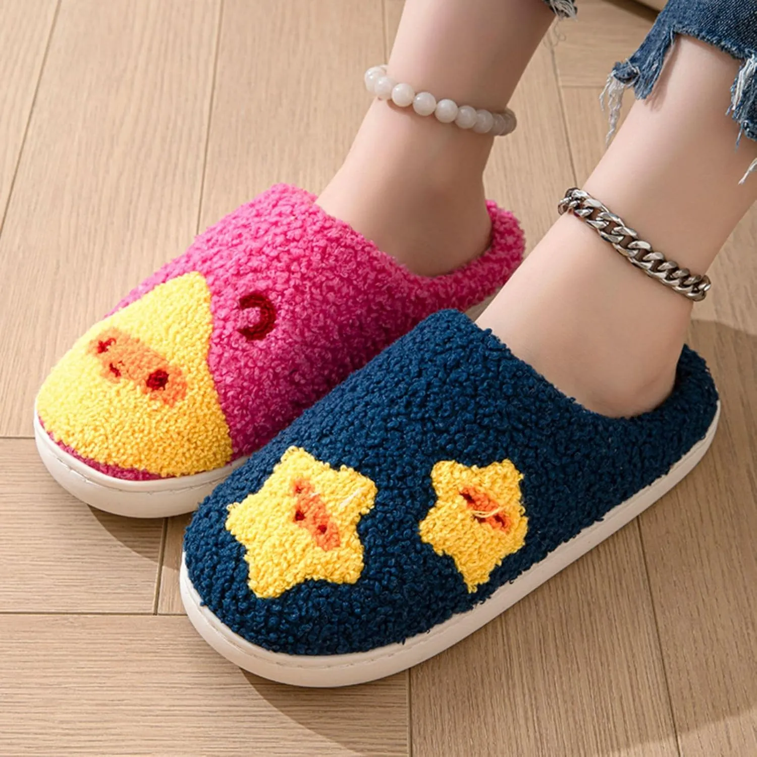 Women's Men's Retro Leopard Print Smiley Slippers Lightning Bolt Memory Foam Soft Plush Warm Non-Slip Home Shoes