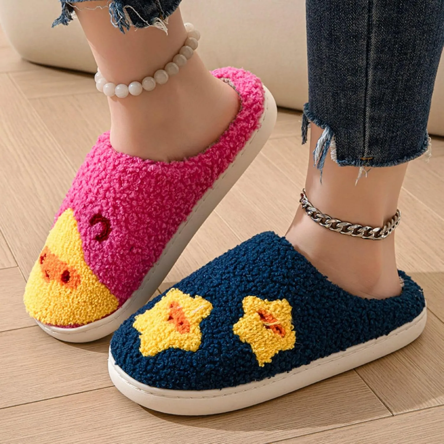Women's Men's Retro Leopard Print Smiley Slippers Lightning Bolt Memory Foam Soft Plush Warm Non-Slip Home Shoes