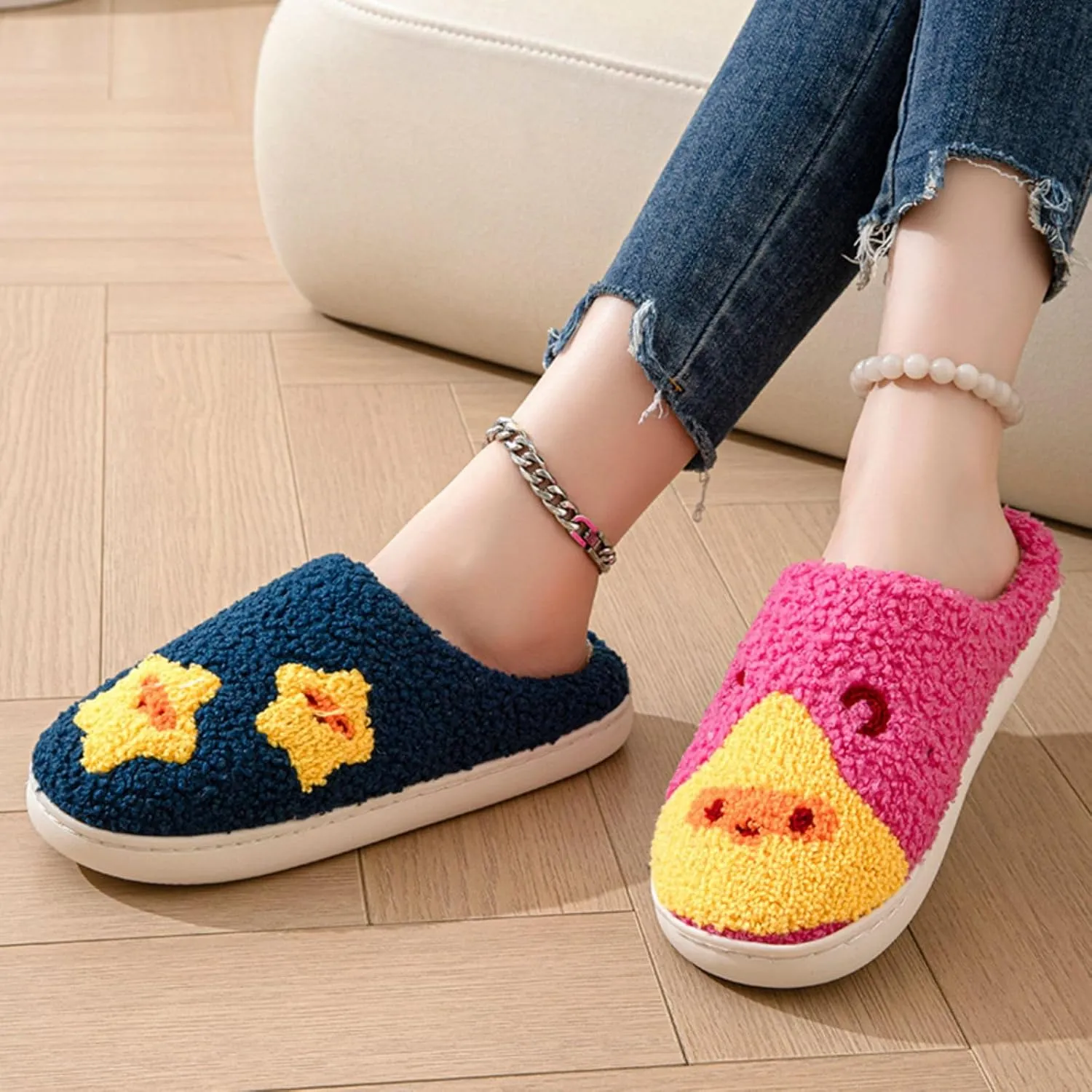 Women's Men's Retro Leopard Print Smiley Slippers Lightning Bolt Memory Foam Soft Plush Warm Non-Slip Home Shoes