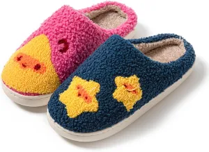 Women's Men's Retro Leopard Print Smiley Slippers Lightning Bolt Memory Foam Soft Plush Warm Non-Slip Home Shoes