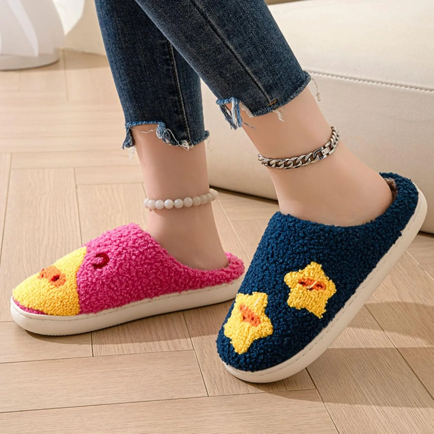 Women's Men's Retro Leopard Print Smiley Slippers Lightning Bolt Memory Foam Soft Plush Warm Non-Slip Home Shoes